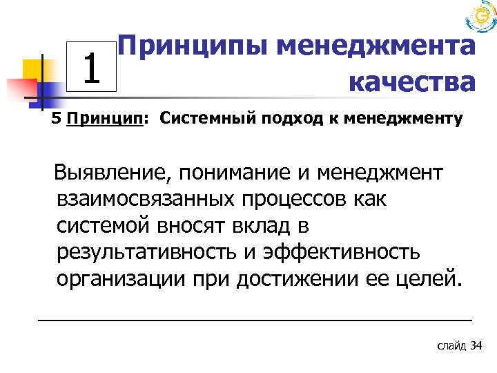 1 Принципы менеджмента качества 5 Принцип: Системный подход к менеджменту Выявление, понимание и менеджмент