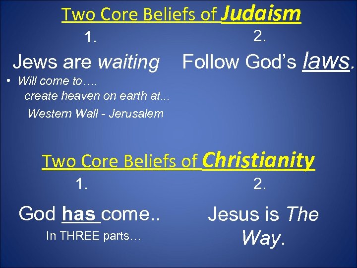 Two Core Beliefs of Judaism 1. Jews are waiting 2. Follow God’s laws. •