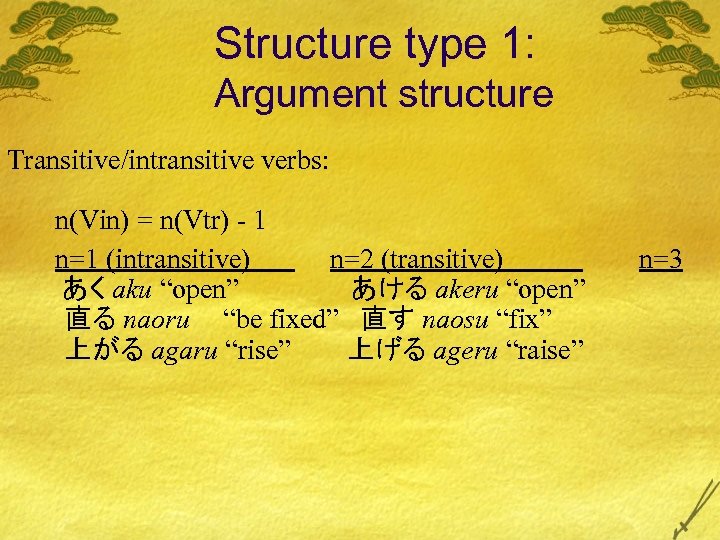 Structure type 1: Argument structure Transitive/intransitive verbs: n(Vin) = n(Vtr) - 1 n=1 (intransitive)