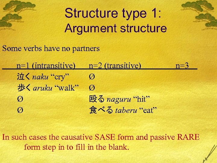 Structure type 1: Argument structure Some verbs have no partners n=1 (intransitive) 泣く naku