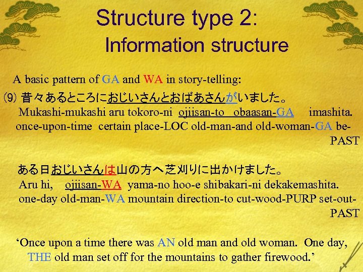 Structure type 2: Information structure A basic pattern of GA and WA in story-telling: