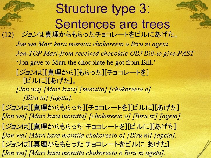 (12) Structure type 3: Sentences are trees ジョンは真理からもらったチョコレートをビルにあげた。 Jon wa Mari kara moratta chokoreeto