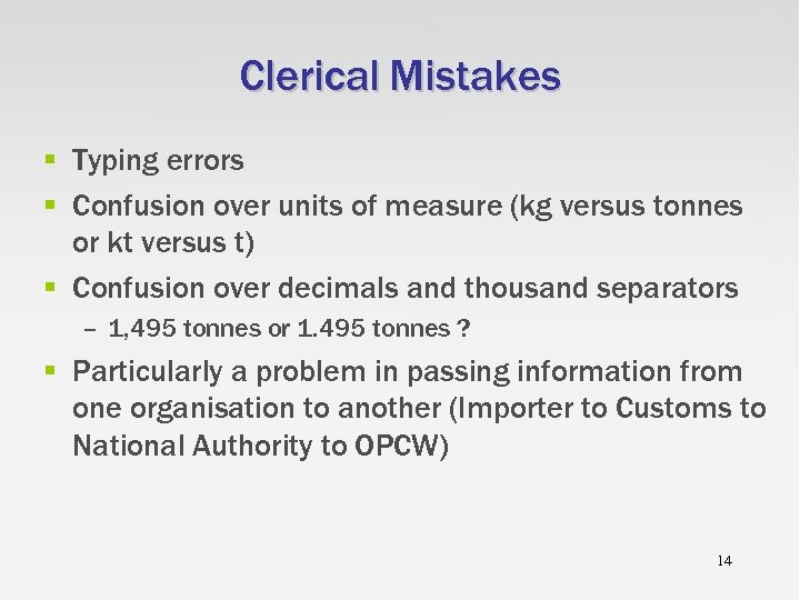 Clerical Mistakes § Typing errors § Confusion over units of measure (kg versus tonnes
