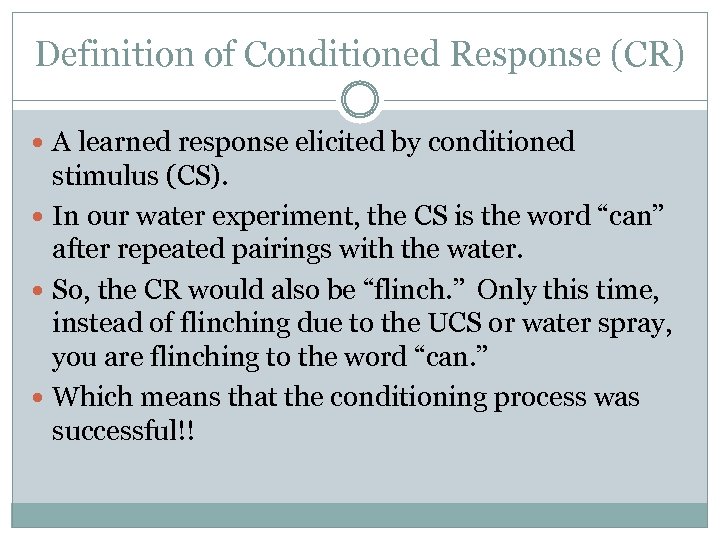 Definition of Conditioned Response (CR) A learned response elicited by conditioned stimulus (CS). In