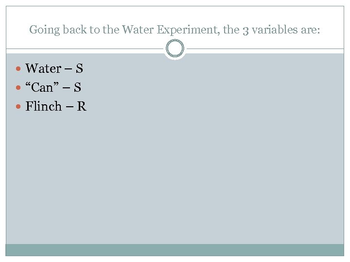 Going back to the Water Experiment, the 3 variables are: Water – S “Can”