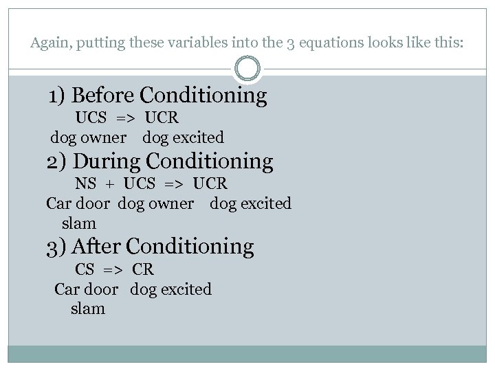 Again, putting these variables into the 3 equations looks like this: 1) Before Conditioning