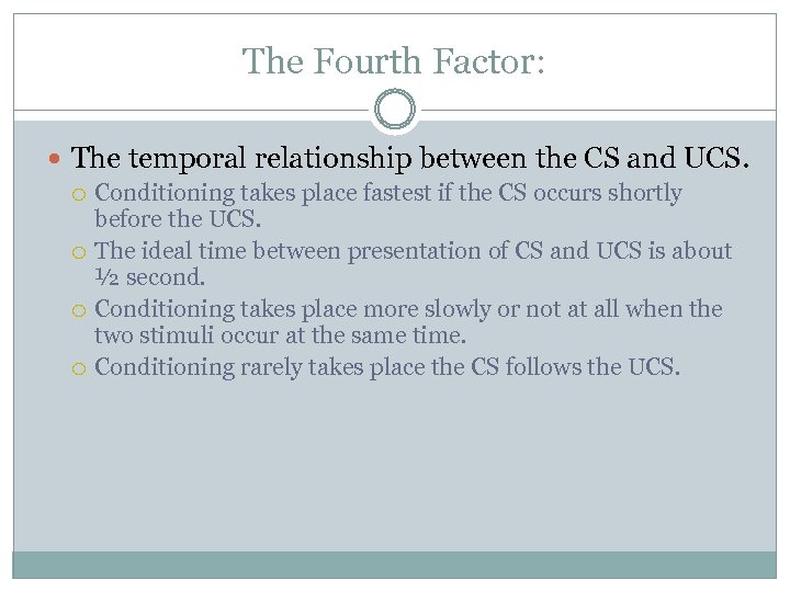 The Fourth Factor: The temporal relationship between the CS and UCS. Conditioning takes place