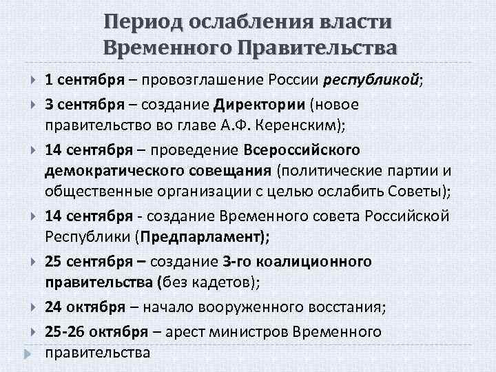 Период ослабления власти Временного Правительства 1 сентября – провозглашение России республикой; 3 сентября –