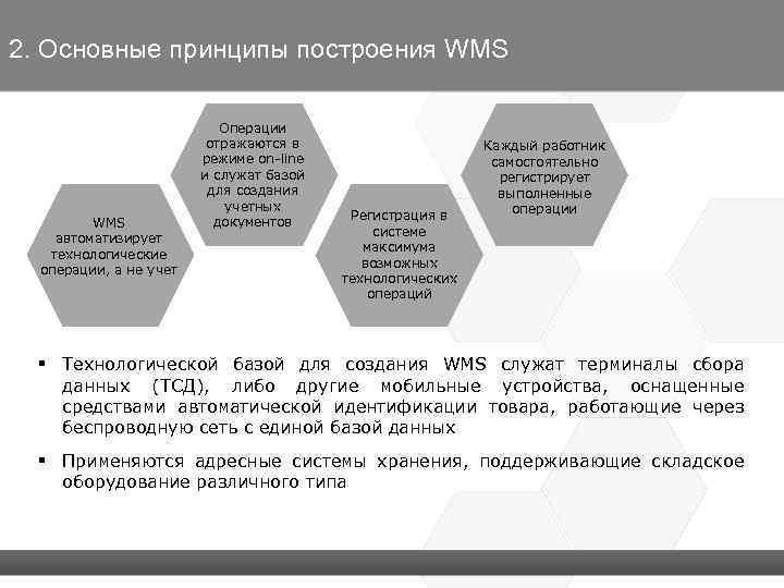 2. Основные принципы построения WMS автоматизирует технологические операции, а не учет Операции отражаются в