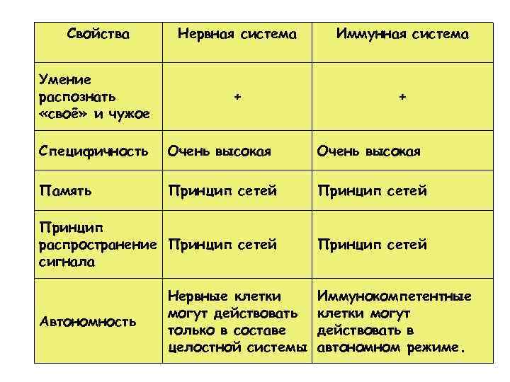 Свойства Нервная система Иммунная система Умение распознать «своё» и чужое + + Сравнение свойств