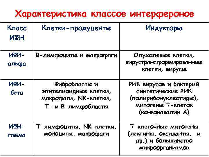 Характеристика классов интерферонов Класс ИФН Клетки-продуценты Индукторы ИФНальфа В-лимфоциты и макрофаги Опухолевые клетки, вирустрансформированные