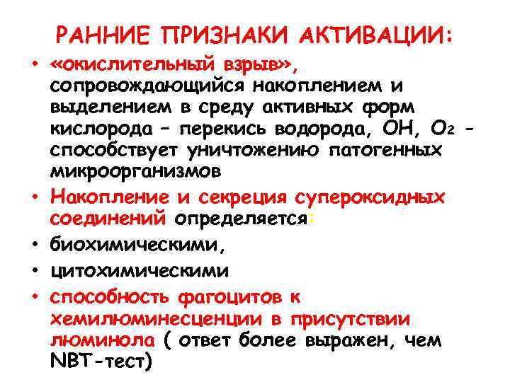 РАННИЕ ПРИЗНАКИ АКТИВАЦИИ: • «окислительный взрыв» , сопровождающийся накоплением и выделением в среду активных