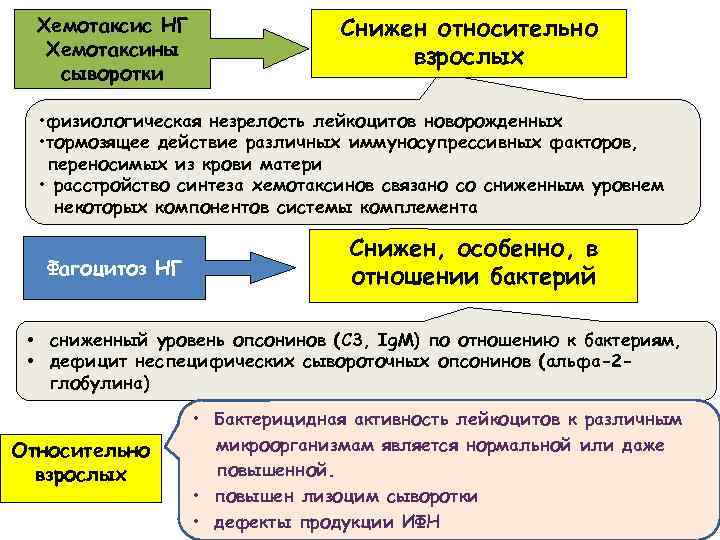 Хемотаксис НГ Хемотаксины сыворотки Снижен относительно взрослых • физиологическая незрелость лейкоцитов новорожденных • тормозящее