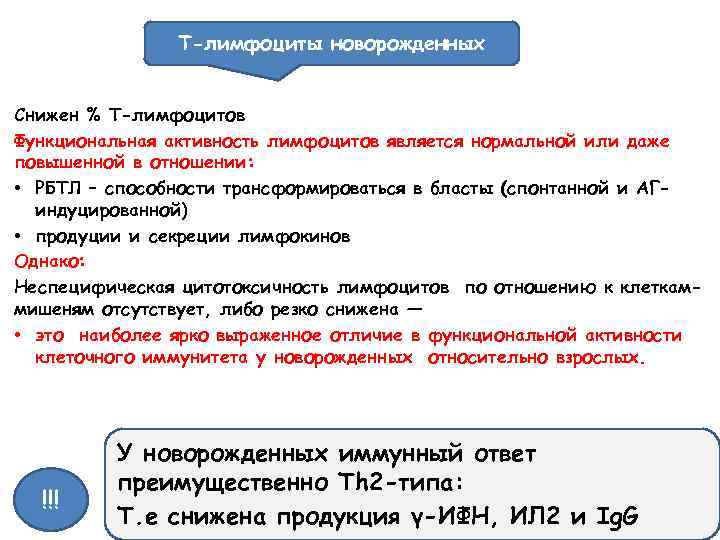 Т-лимфоциты новорожденных Снижен % Т-лимфоцитов Функциональная активность лимфоцитов является нормальной или даже повышенной в