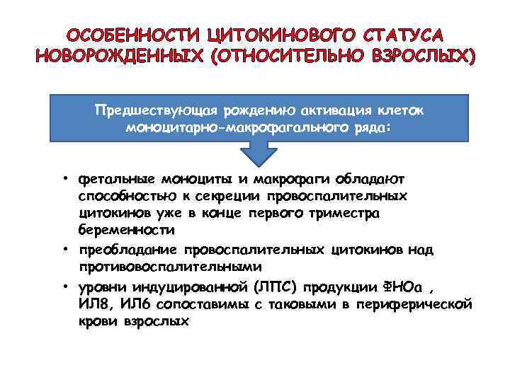 ОСОБЕННОСТИ ЦИТОКИНОВОГО СТАТУСА НОВОРОЖДЕННЫХ (ОТНОСИТЕЛЬНО ВЗРОСЛЫХ) Предшествующая рождению активация клеток моноцитарно-макрофагального ряда: • фетальные