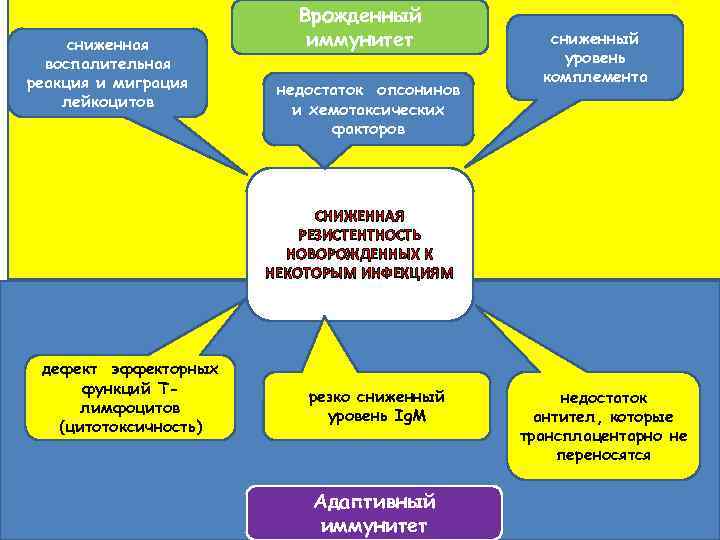 сниженная воспалительная реакция и миграция лейкоцитов Врожденный иммунитет недостаток опсонинов и хемотаксических факторов сниженный