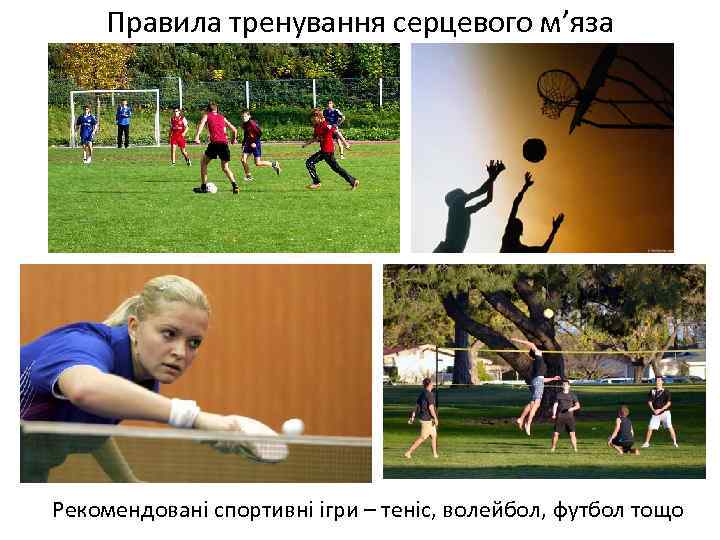 Правила тренування серцевого м’яза Рекомендовані спортивні ігри – теніс, волейбол, футбол тощо 