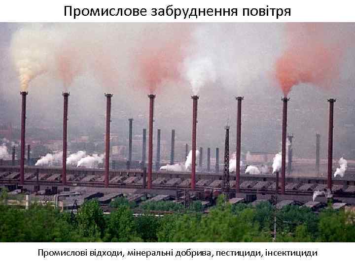 Промислове забруднення повітря Промислові відходи, мінеральні добрива, пестициди, інсектициди 