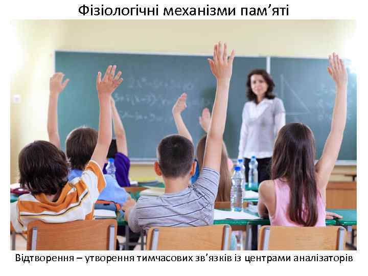 Фізіологічні механізми пам’яті Відтворення – утворення тимчасових зв’язків із центрами аналізаторів 