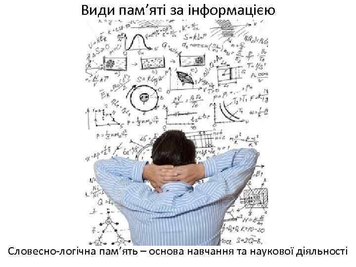 Види пам’яті за інформацією Словесно-логічна пам’ять – основа навчання та наукової діяльності 
