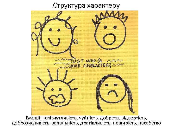 Структура характеру Емоції – співчутливість, чуйність, доброта, відвертість, доброзисливість, запальність, дратівливість, нещирість, нахабство 