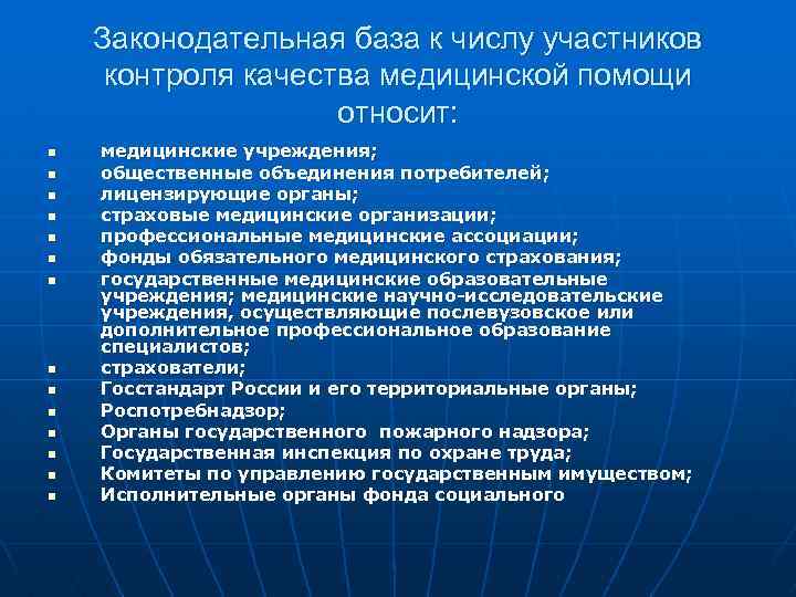 Законодательная база к числу участников контроля качества медицинской помощи относит: n n n n