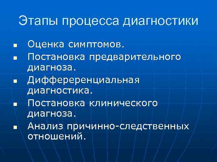 Этапы процесса диагностики n n n Оценка симптомов. Постановка предварительного диагноза. Диффереренциальная диагностика. Постановка