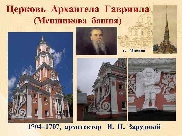 Церковь Архангела Гавриила (Меншикова башня) г. Москва 1704– 1707, архитектор И. П. Зарудный 