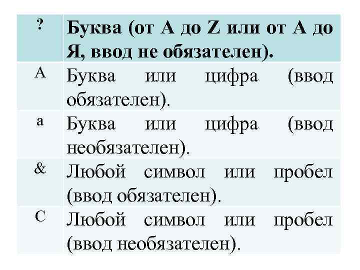 ? A a & C Буква (от A до Z или от А до