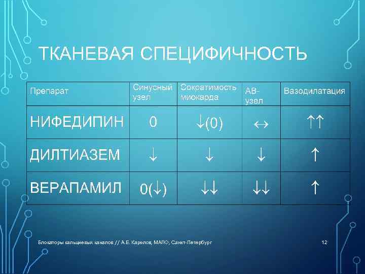 ТКАНЕВАЯ СПЕЦИФИЧНОСТЬ Блокаторы кальциевых каналов // А. Е. Карелов, МАПО, Санкт-Петербург 12 