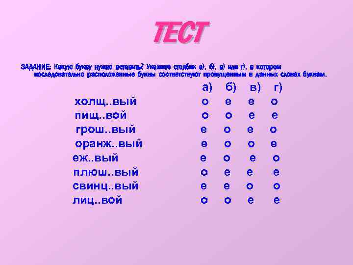 ТЕСТ ЗАДАНИЕ: Какую букву нужно вставить? Укажите столбик а), б), в) или г), в