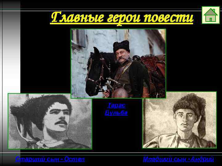 Главные герои повести Тарас Бульба Старший сын - Остап Младший сын - Андрий 