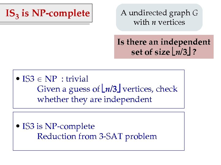 IS 3 is NP-complete A undirected graph G with n vertices Is there an
