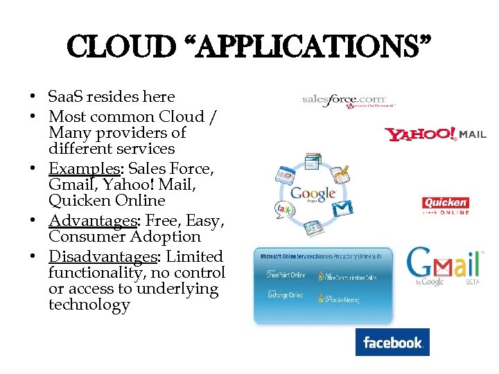 CLOUD “APPLICATIONS” • Saa. S resides here • Most common Cloud / Many providers