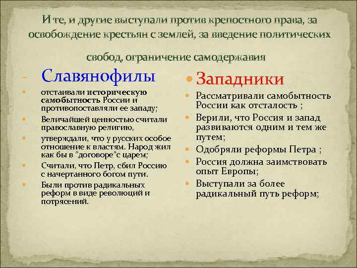 И те, и другие выступали против крепостного права, за освобождение крестьян с землей, за