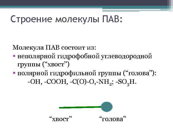 Строение молекулы ПАВ: Молекула ПАВ состоит из: § неполярной гидрофобной углеводородной группы (“хвост”) §
