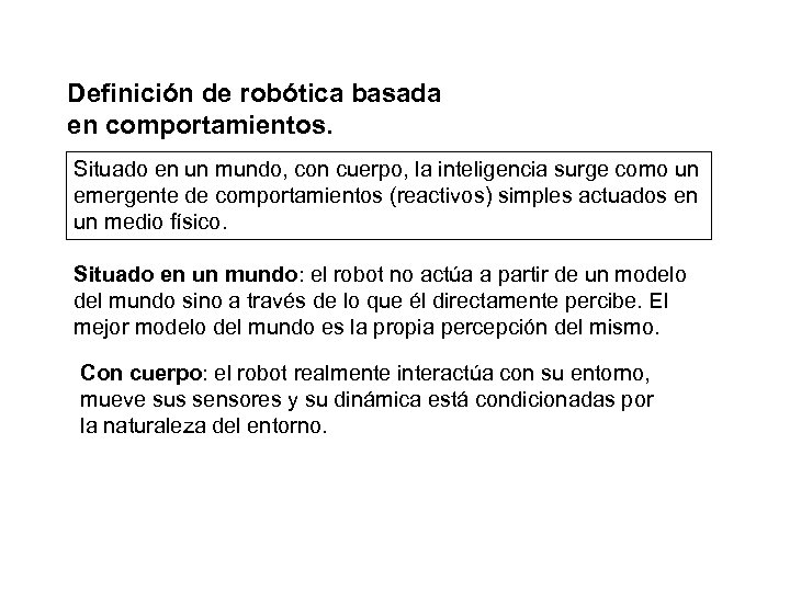 Definición de robótica basada en comportamientos. Situado en un mundo, con cuerpo, la inteligencia