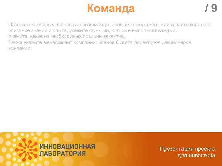 Команда /9 Назовите ключевых членов вашей команды, зоны их ответственности и дайте короткое описание
