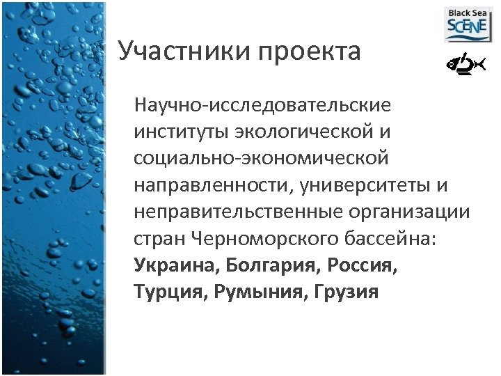 Участники проекта Научно-исследовательские институты экологической и социально-экономической направленности, университеты и неправительственные организации стран Черноморского