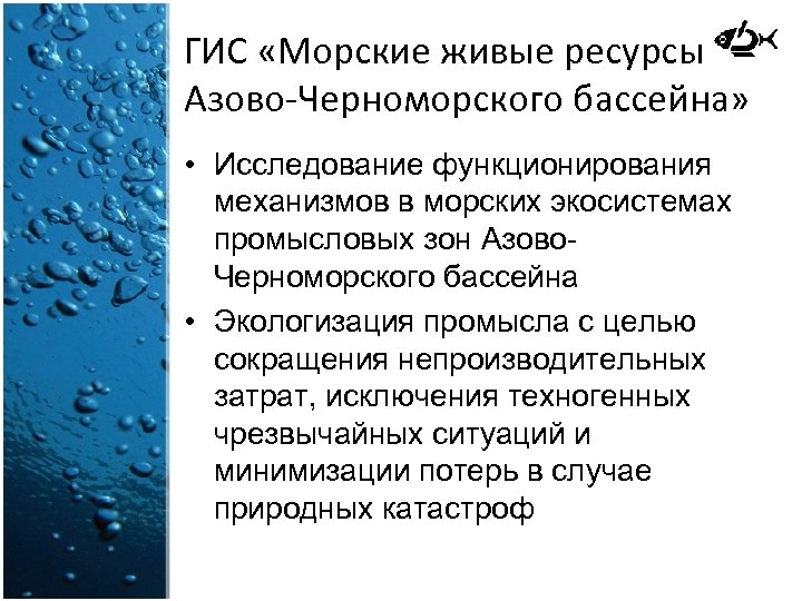 ГИС «Морские живые ресурсы Азово-Черноморского бассейна» • Исследование функционирования механизмов в морских экосистемах промысловых