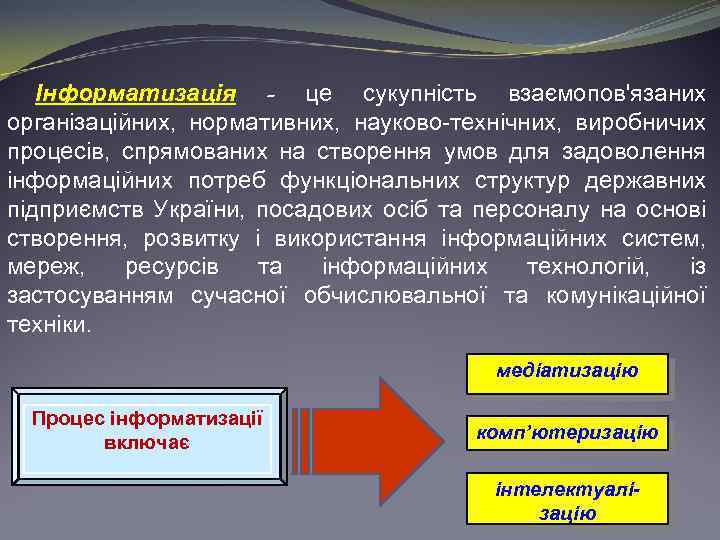 Інформатизація - це сукупність взаємопов'язаних організаційних, нормативних, науково-технічних, виробничих процесів, спрямованих на створення умов
