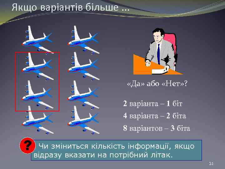 Якщо варіантів більше. . . «Да» або «Нет» ? 2 варіанта – 1 біт