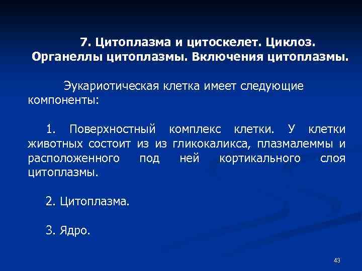 7. Цитоплазма и цитоскелет. Циклоз. Органеллы цитоплазмы. Включения цитоплазмы. Эукариотическая клетка имеет следующие компоненты:
