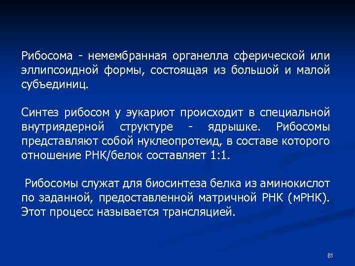 Рибосома - немембранная органелла сферической или эллипсоидной формы, состоящая из большой и малой субъединиц.