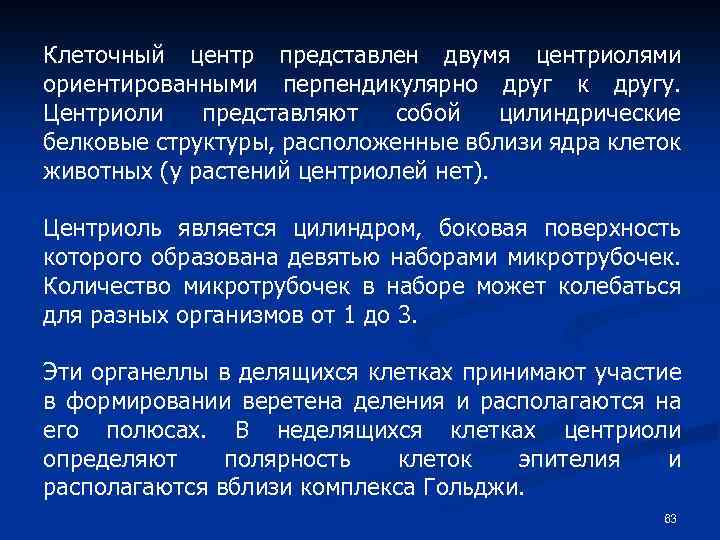 Клеточный центр представлен двумя центриолями ориентированными перпендикулярно друг к другу. Центриоли представляют собой цилиндрические