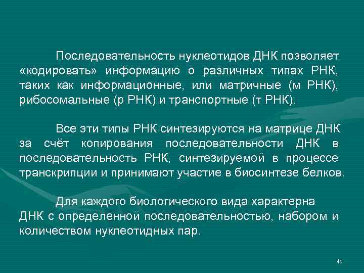 Последовательность нуклеотидов ДНК позволяет «кодировать» информацию о различных типах РНК, таких как информационные, или