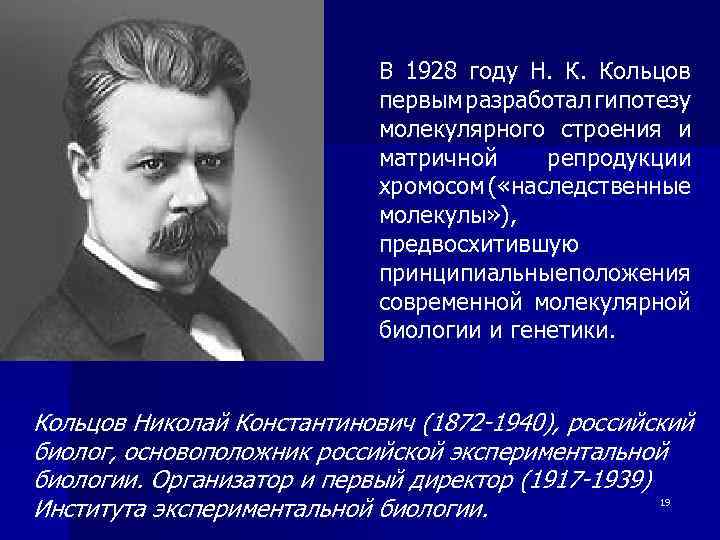 В 1928 году Н. К. Кольцов первым разработал гипотезу молекулярного строения и матричной репродукции