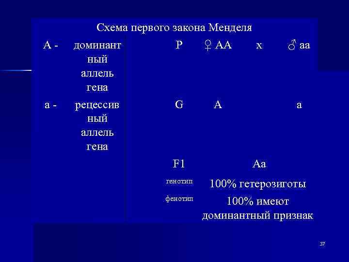 А - а - Схема первого закона Менделя доминант P ♀ AA x ный