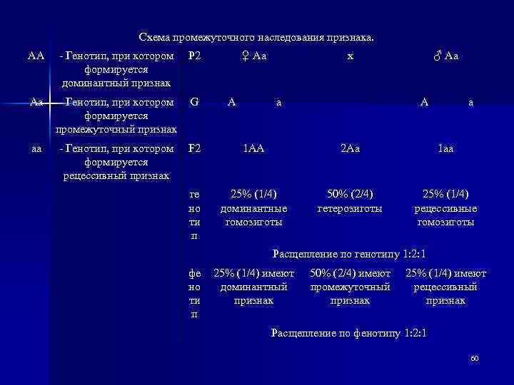 Схема промежуточного наследования признака. АА - Генотип, при котором формируется доминантный признак P 2