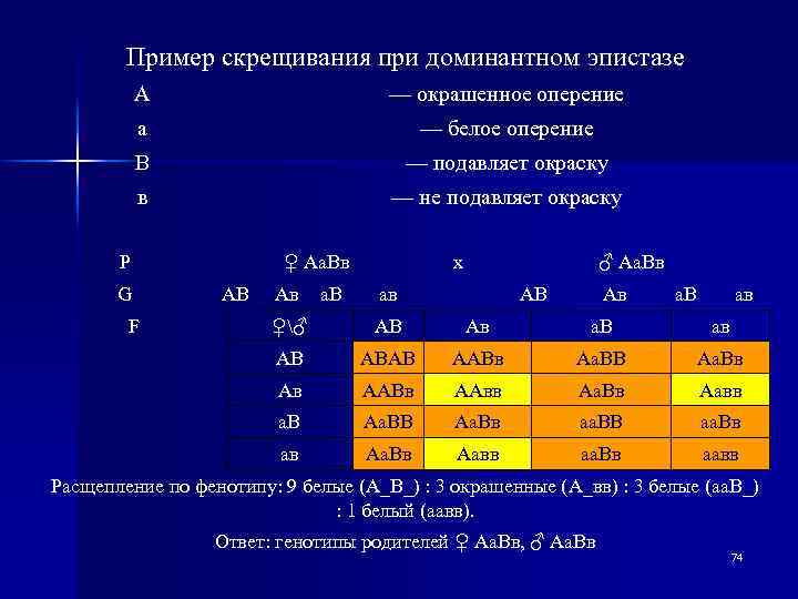 Пример скрещивания при доминантном эпистазе А — окрашенное оперение а — белое оперение В